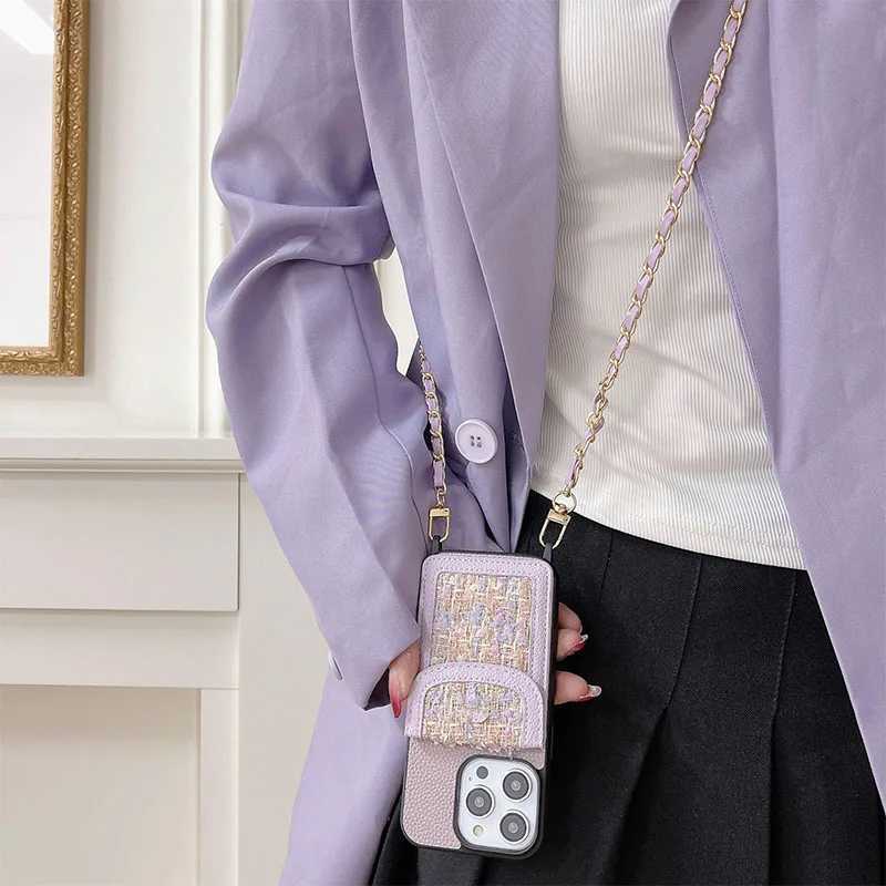 Cell Phone Cases Luxury Crossbody Lanyard Necklace Leather Chain Wallet Card Holder Clemence Case for iPhone 15 Pro 14 11 12 13 Woman DIY Cover J240509