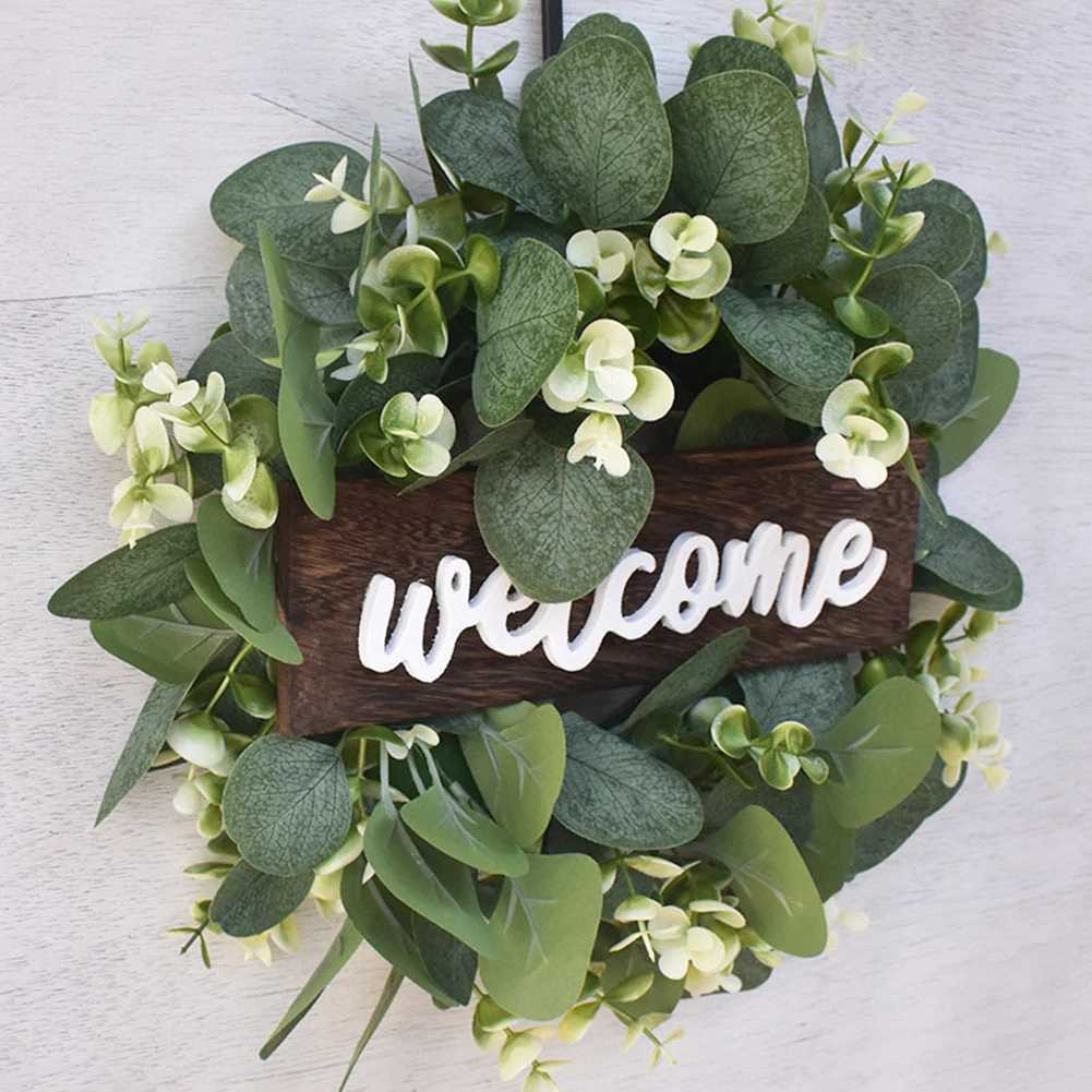 Couronnes de fleurs décoratives couronnes artificielles Eucalyptus avec panneau de bienvenue Couronne de printemps d'été pour la porte d'entrée Warphouse Farmhouse Mariage Decor