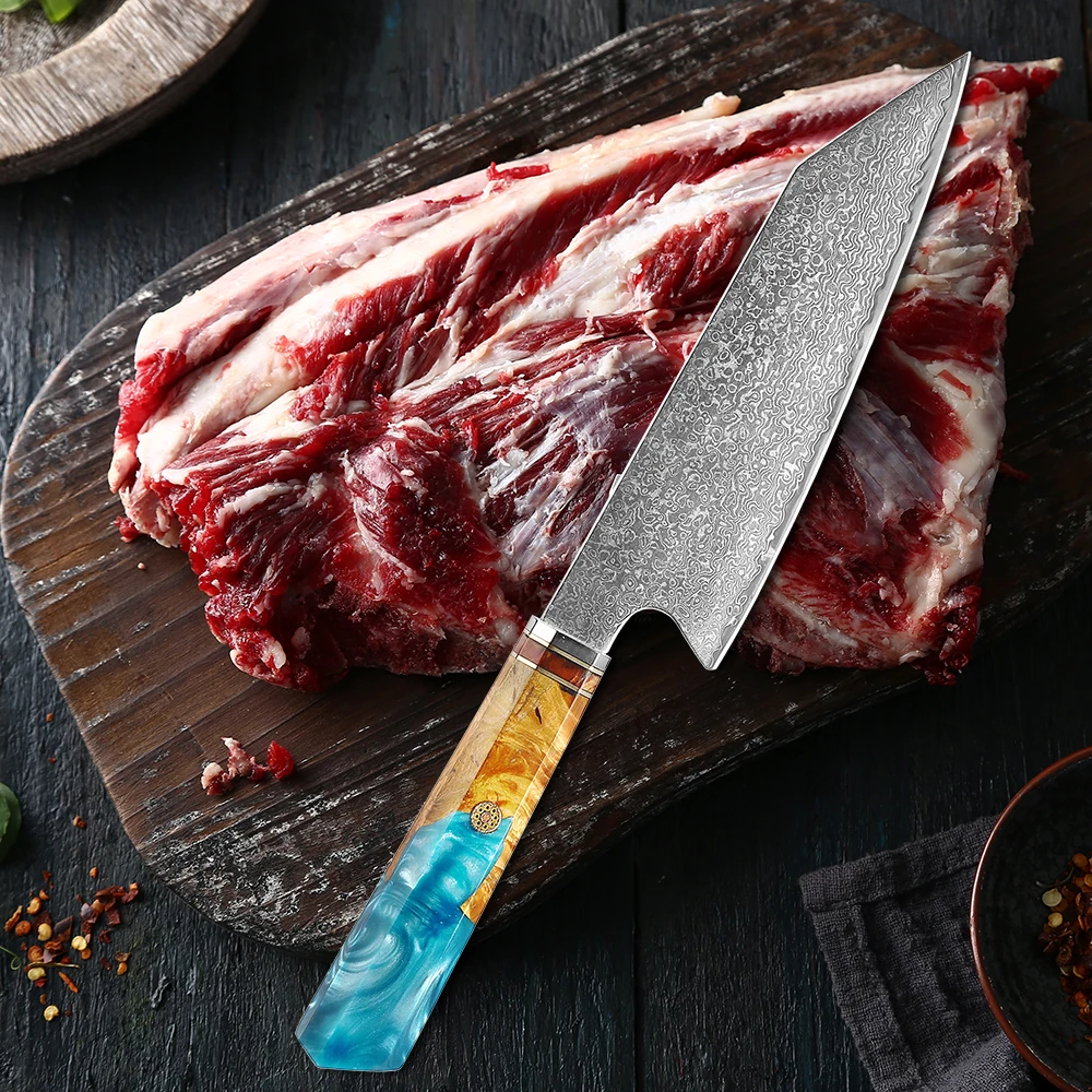Damasco Steel Chef Knife da 8 pollici Kiritsuke Kitchen Knife Pro Forged Gyuto Cooking Knife Cetta di affettata Blu Resina Ottagonale Manico in legno ottagonale