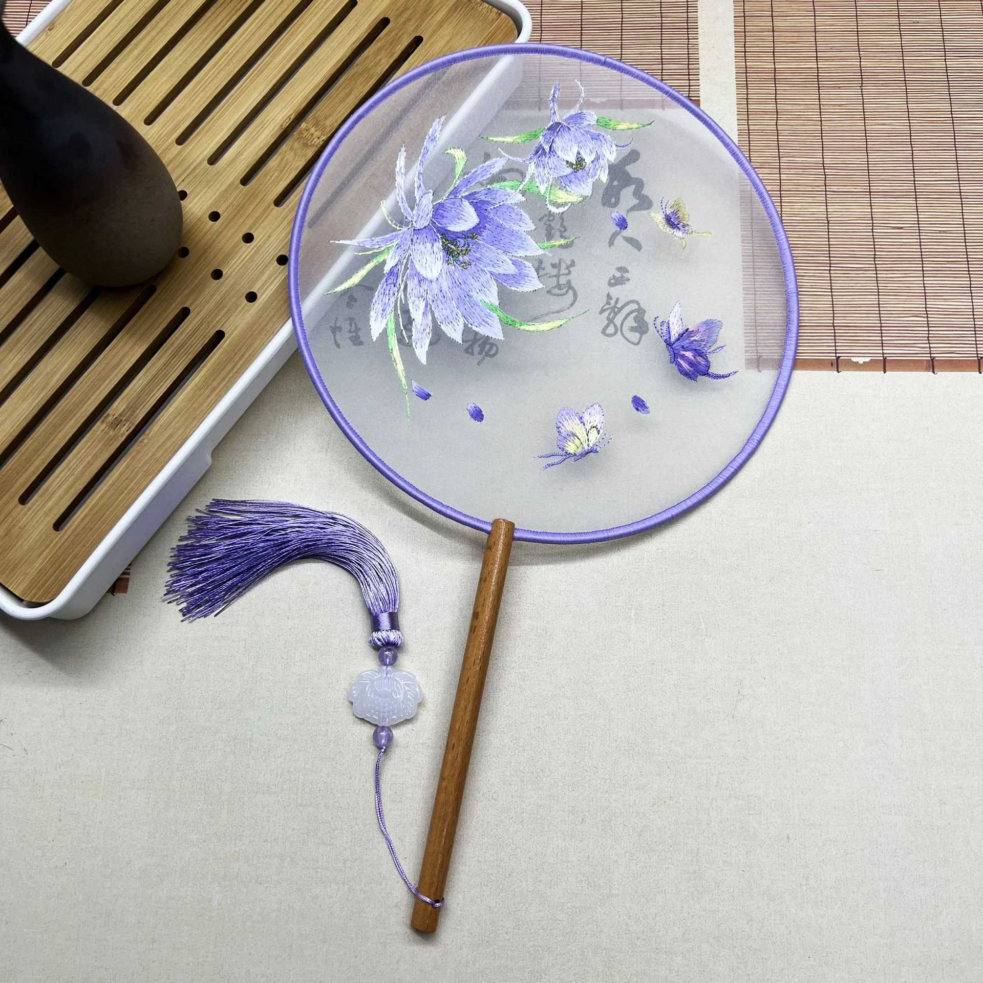 Chinese Style Products Double Sided Embroidered Peony Wooden Handle Fan Dance Classical Handheld Fan Photography Props Chinese Su Embroidery Craft Fan