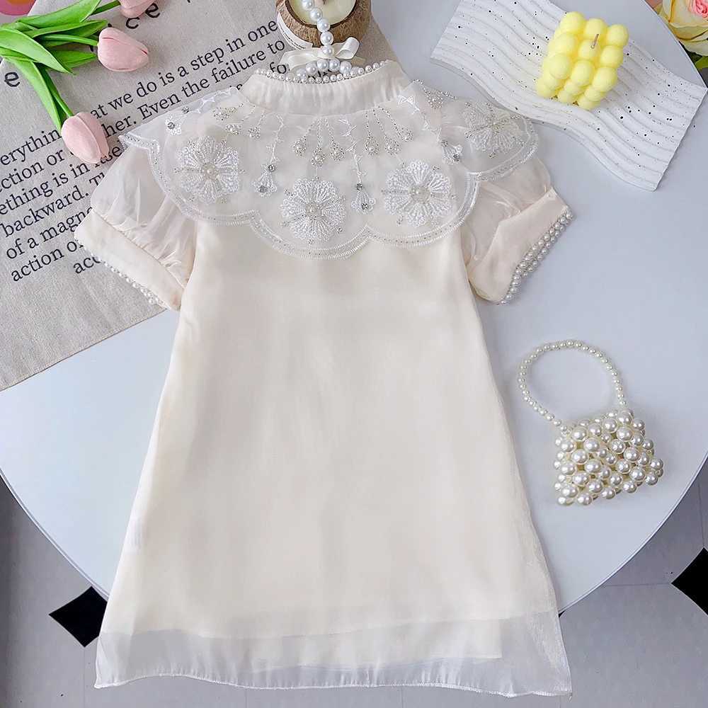 Mädchenkleider Bären Halsband Sommer -Outfit neues Mädchen Chinesisch Cheongsam Net Pearl Sticker Kleider Childrens süße Mode Kurzarm Dressl2405