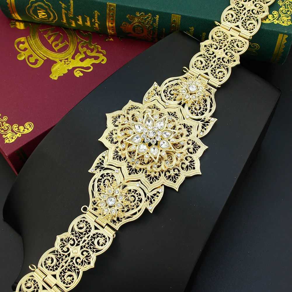 Bälten Sunspicems Gold Color Moroccan Caftan Belt for Women Dress Midje kedjebälte Arabiska brudbröllopsmycken Robe Sash Body Chain T240509