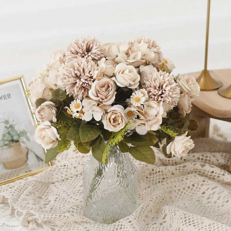 Ghirlande di fiori decorativi Rose di caffè Margherita Fiori artificiali Giardino Matrimonio all'aperto Decorazione della tavola di casa Tarassaco di seta Girasole Bouquet di fiori finti