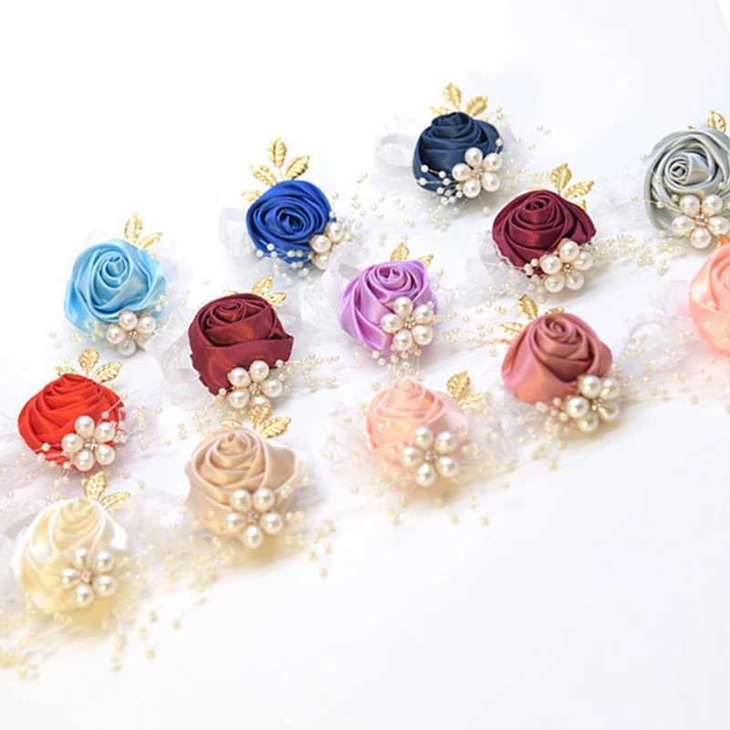 Wedding Bracelets Wedding Wrist Flower Rose Silk Ribbon Bride Corsage Hand Decor Wristband Bracelet Bridesmaid Wrist Flower Wedding Supplies