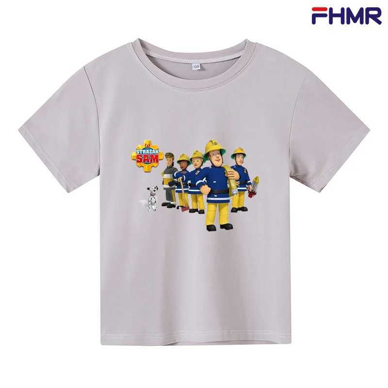 T-Shirts 2024 Sommer Neue Jungen und Mädchen Feuerwehrmann Sam Short Sleeved T-Shirt Childrens T-Shirt Jungen Kostüm Rollenspiele Kostüm240509