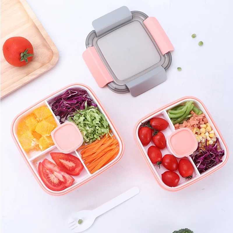 Lunchboxen Tassen Eco -vriendelijke buitenkamperen Lunchbox Herbruikbaar 4 Compartiment Blue PP Quadrate Food Storage Container Plastic Bento Box