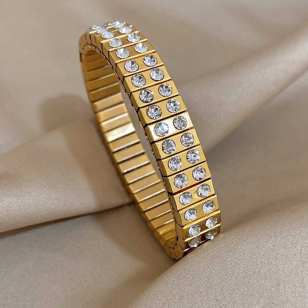 Bangle rostfritt stål dubbel rad strass armband armband för kvinnor vintage 18k guldplatta mode vattentäta smycken manschett t240509