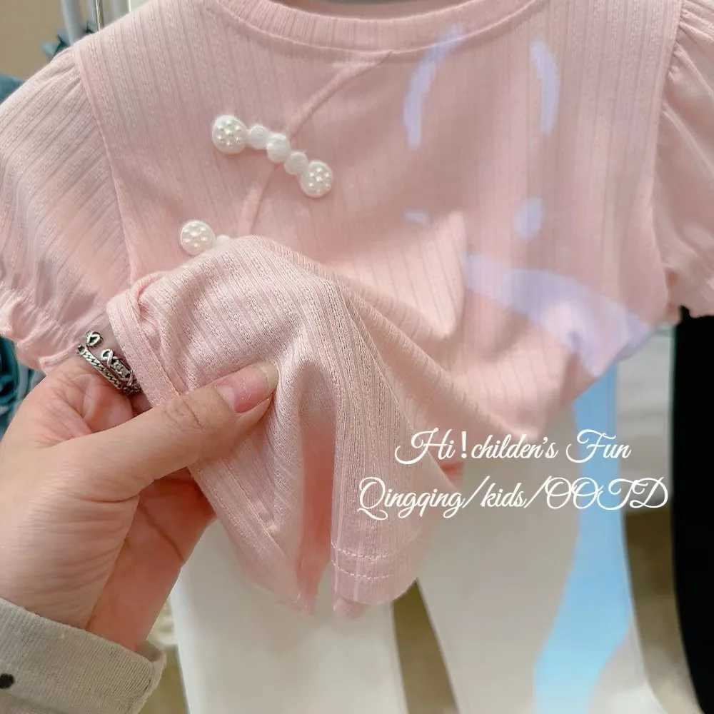 T-Shirts Baby Girl Kurzärmeled T-Shirt Childrens Solid Top Childrens Button Up Shirt 2024 Sommer Kinderkleidung Chinesische Stylel2405