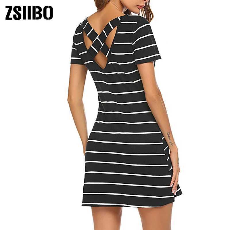 Basic casual jurken Tweede stuk jurk Zsiibo 2019 Fashion dames slijtage dames casual strepen chris cross korte mouwen t-shirt mini-jurkl2405
