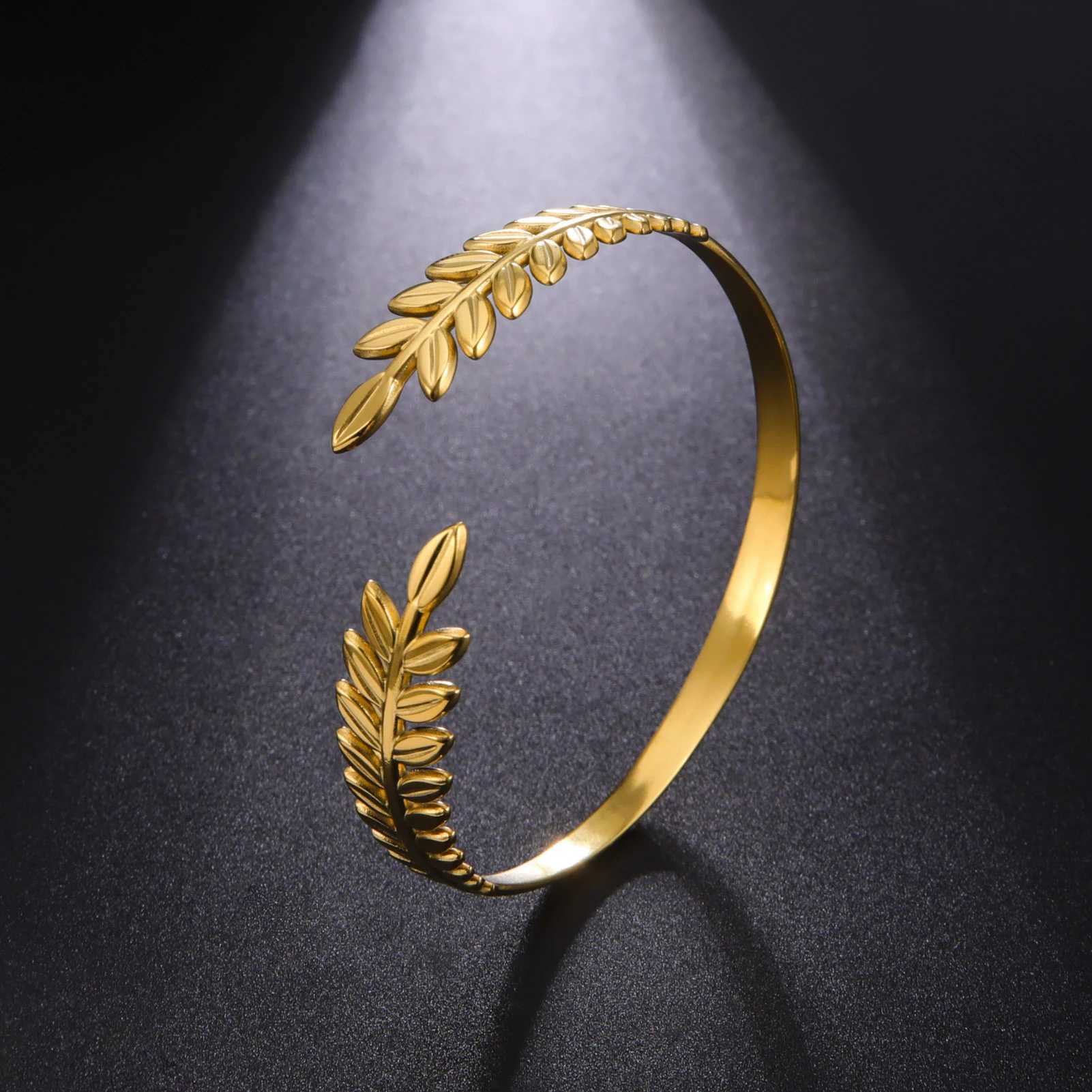 Wedding Bracelets Skyrim Stainless Steel Greek Roman Laurel Leaf Bracelet for Women Gold Color Wheat Ears Boho Bangle Jewelry Valentines Day Gift