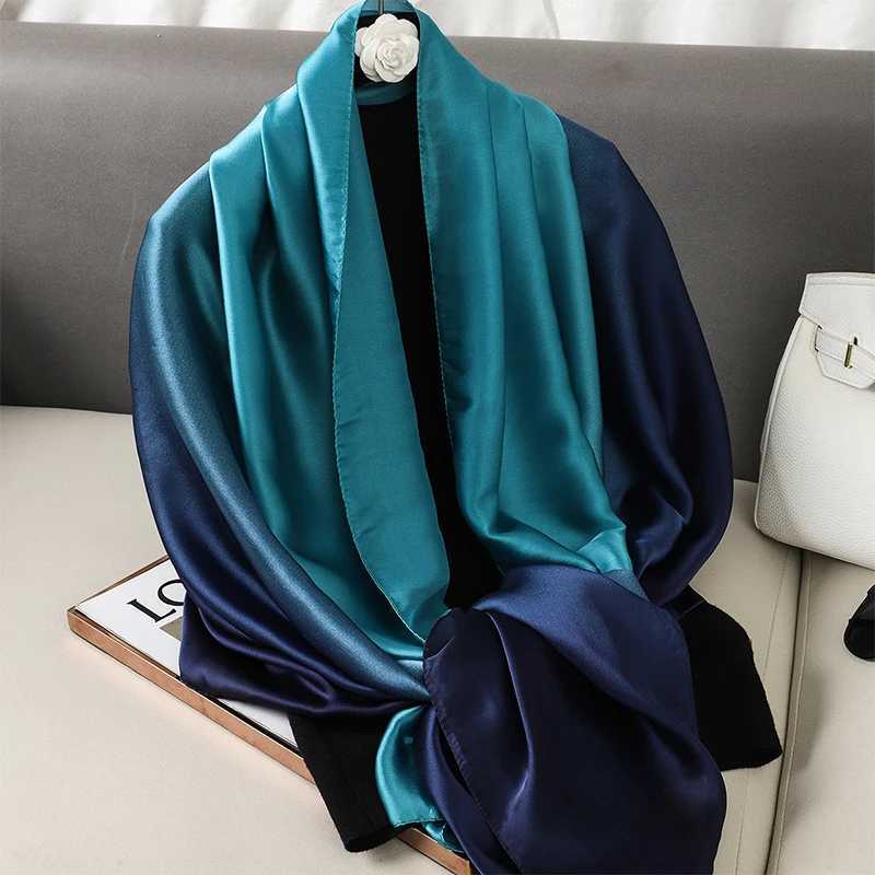 Lenços gradiente de luxo lenço de seda marca feminina saco de xale sólido bandana cabeça fald moda bandeira de cabeça de chuva de raio 2023 q240508