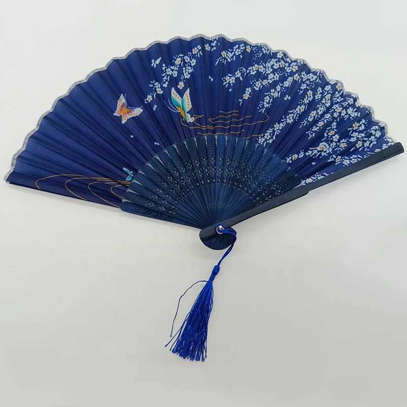 Çin tarzı ürünler ipek bambu katlanır fan fan püskül kolye dans el el fan vintage Çin tarzı çiçek baskılı fan düğün dekor