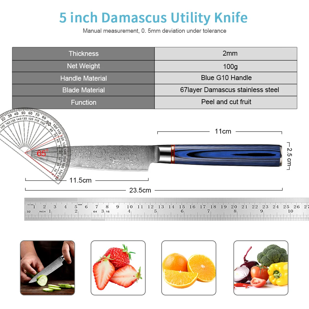 Couteau utilitaire de cuisine 5 pouces damas acier complet Tang Paring Couteau Cuisine Cuisine Couteau Couper épluchage Céliquer les légumes de fruits