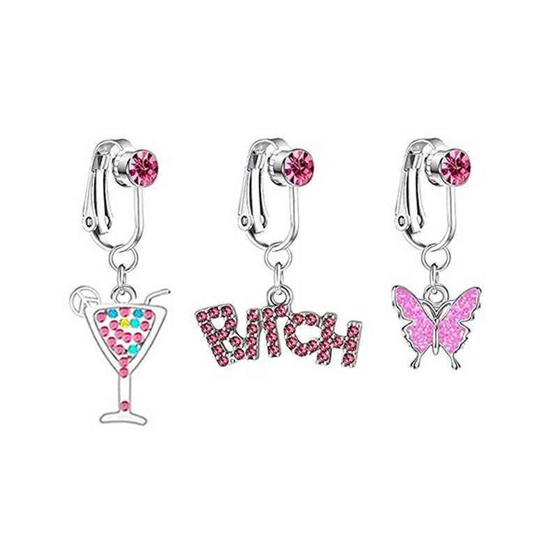 Nombres Anneaux Nouveaux papillons de ventre faux Faux Belly Piercing Heart Zircon Clip sur le nombril ombilical Fake Piercing Cartilage Bouille d'oreille Faux Clip D240509