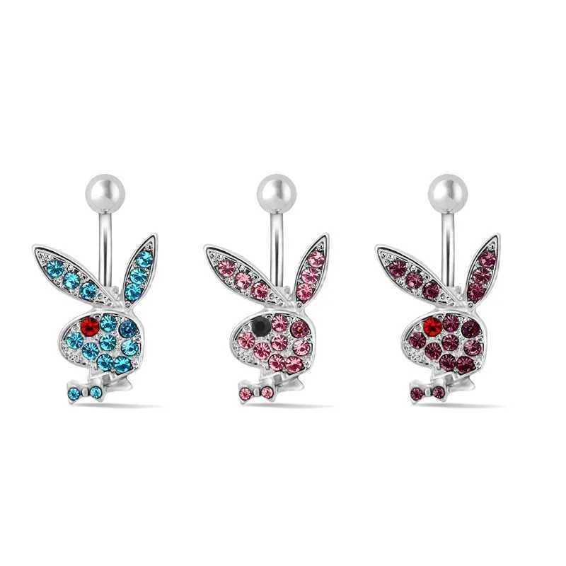 Anéis de umbigo Belly Butrind Rings Bunny Navel Anéis de coelho anéis de barriga para mulheres Gem pedra rosa coelho azul de piercing de barriga Rin D240509