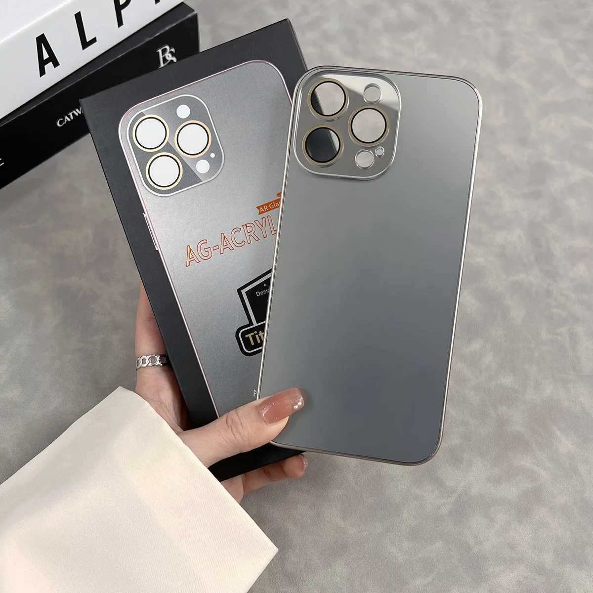 Caisses de téléphone portable Original Luxury Ag Matter Glass Titanium Alloy Bumper Téléphone pour iPhone 15 14 13 12 Pro Max + Plus Couverture avec boîte-cadeau J240509