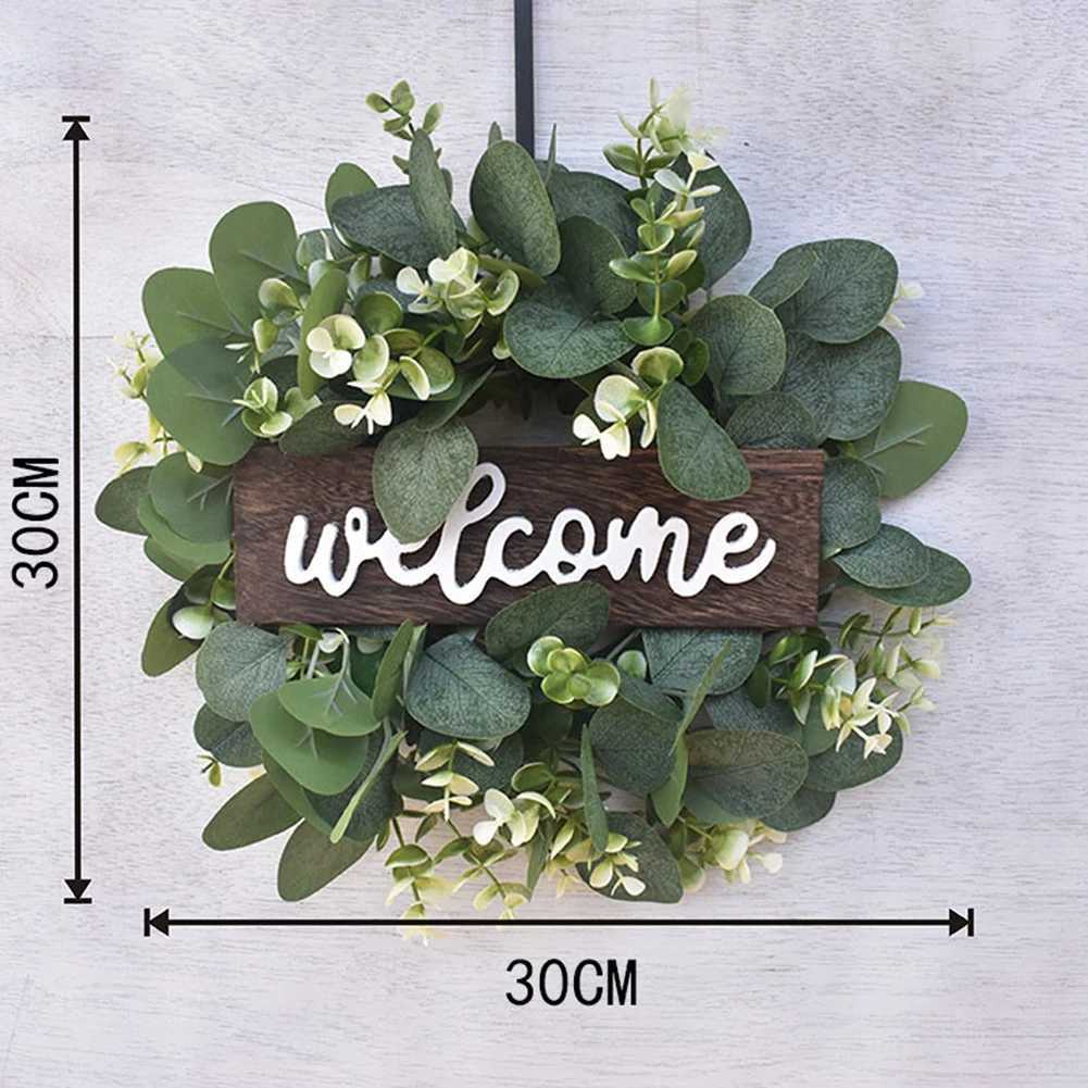 Couronnes de fleurs décoratives couronnes artificielles Eucalyptus avec panneau de bienvenue Couronne de printemps d'été pour la porte d'entrée Warphouse Farmhouse Mariage Decor