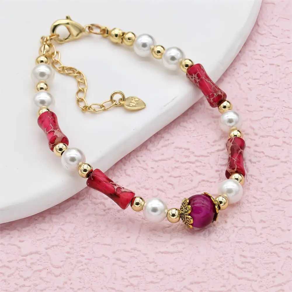 Bröllopsarmband Mixed Natural Stone Gold Plated Bamboo Joint Imperial Stone Pearls Strand Beaded Armband For Women smycken