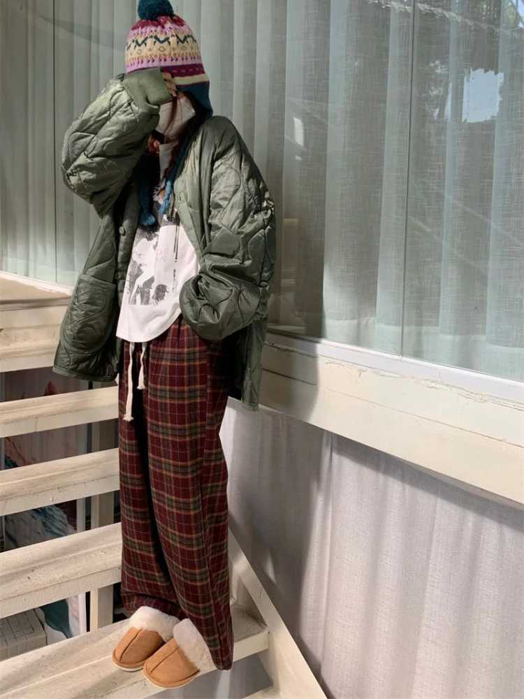 Women's Pants Capris HOUZHOU Vintage Red Plaid Pants Women Winter Warm Flce Korean Style Oversize Wide Leg Checkered Trousers Female Harajuku Thick Y240509