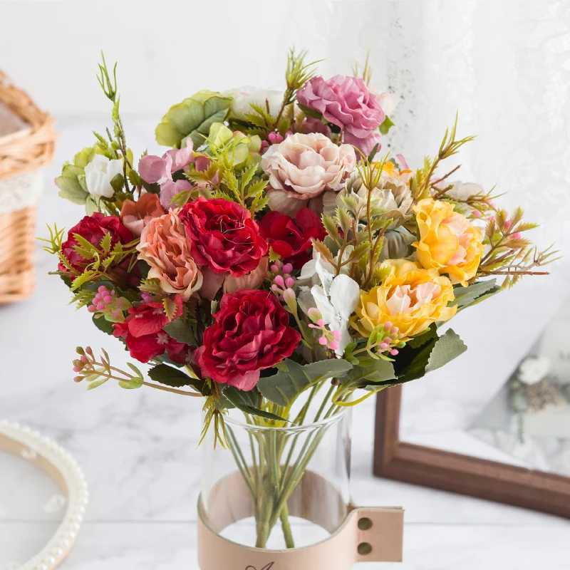 Decoratieve bloemen kransen Silk Peonies Bouquet Artificial Flowers Kerstdecoraties voor Home Indoor Fake Flowers Foto Props Geschenk Rose Bouquet Wedding