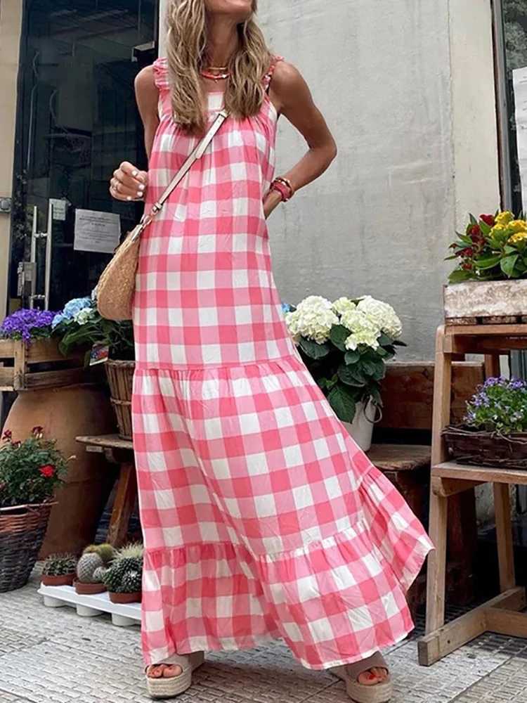 Grundlegende lässige Kleider Fithohinling Mode Neu in Maxi -Kleidern für Frauen Sommer Sunddress Slveless Sexy Slim Vestidos Femme Plaid Langes Kleid Frau T240508