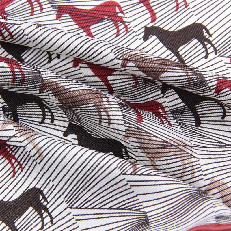 Scarves POBING Manual Hand Rolled Twill Silk Scarf Women Horse Print Square Echarpes Foulards Femme Wrap Bandana Hijab 90CM Q240508