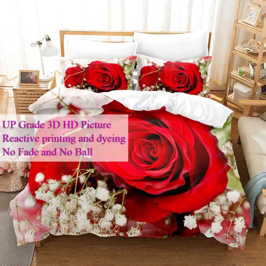 Ensembles de literie Red Rose Down Cover Cover Ensemble grand et grande envergure de litière en 3D Couvre d'oreiller florale lin lin simple lit 220x240 200x200 J240507