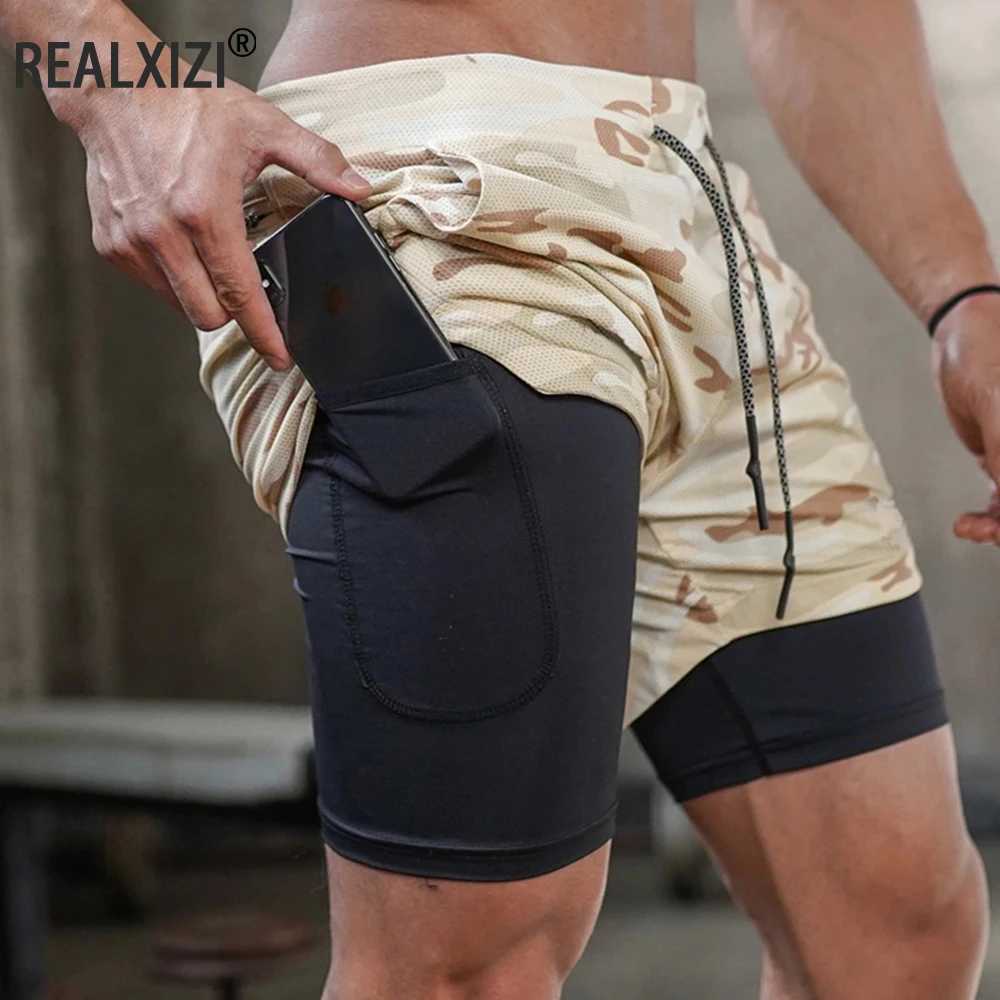 Mäns shorts Herr Gym Sports Shorts Jogging Running Breatab Fitness Träning Doub Layer Shirt Hidden-Pocket Casual Camouflage Shorts H240508