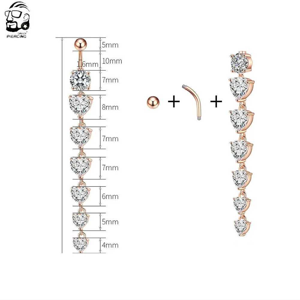 Anelli dell'ombelico 7 cristalli di cuore lunghi anelli di ombelico penzolati permanenti acciaio chirurgico piercing ombelico Nombril 14g bar a barre piercini traforatori D240509