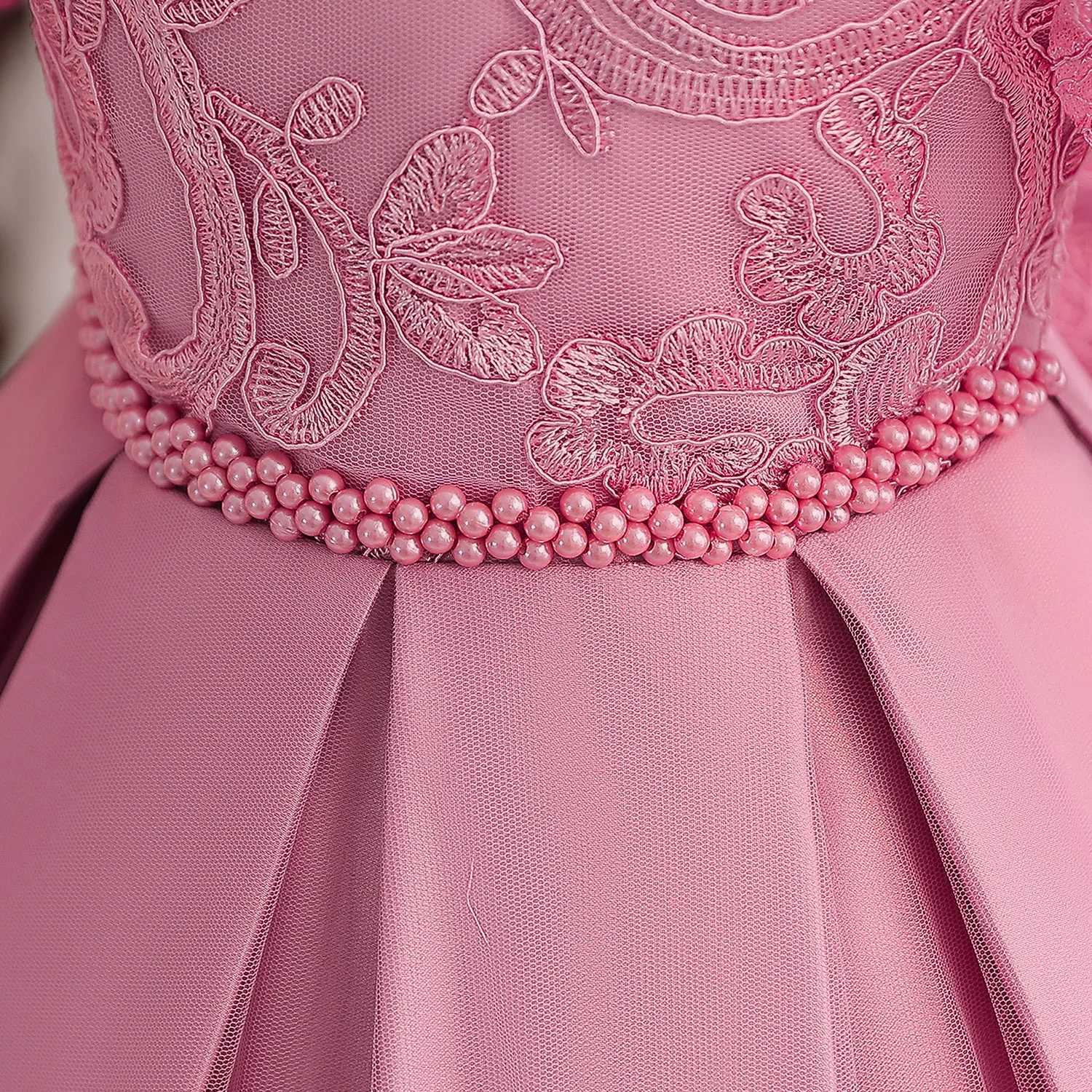 Girl's Dresses Embroidery Lace Floral Baby Dress Pink Flower Girl Dress for Wedding Ceremony Kids 1 Year Birthday Beaded Princess Costume 0-5T