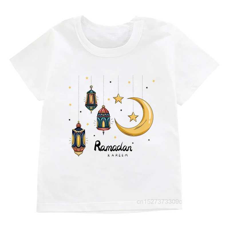 T-shirts Childrens Happy Ramadan Mubarak T-shirt blanc imprimé pour garçons / filles lune / lanterne T-shirt Childrens Shirt islamic Muslim Casual Topl2405