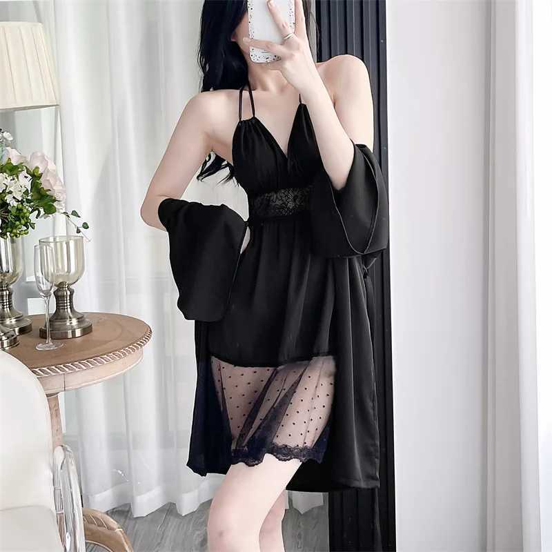 Kadınlar Robe Seksi Patchwork Dantel Nightdress Kimono Batah Nightgown Elbise Kadın Nighty Corn Set Yaz Saten Ev Elbise Samimi Çamaşırı