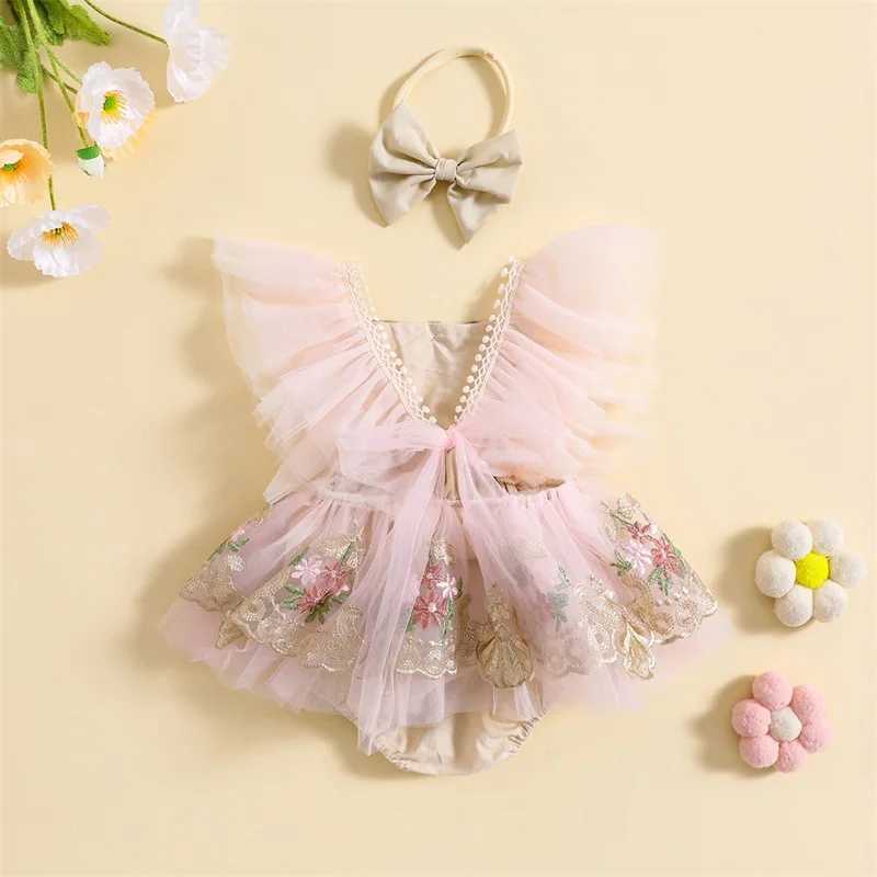 Rompers nouveau-né bébé fille douce roberie robedcuted broderie fleur manche en filet bowknot hairband princesse tenues h240508