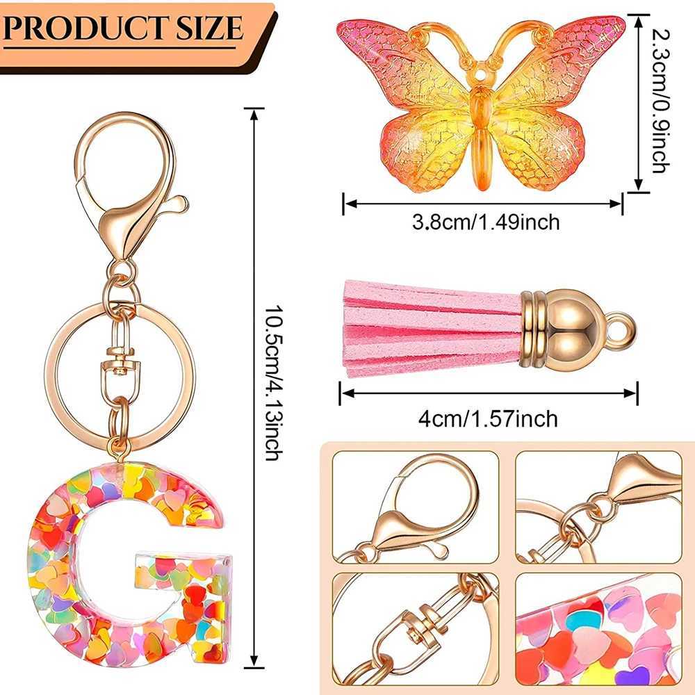 Keychains Lonyards Nouveaux exquis résine de 26 lettres porte-clés avec psychotel gradient papillon pendent clé anneau féminin de sac d'ornement accessoires cadeau j240509