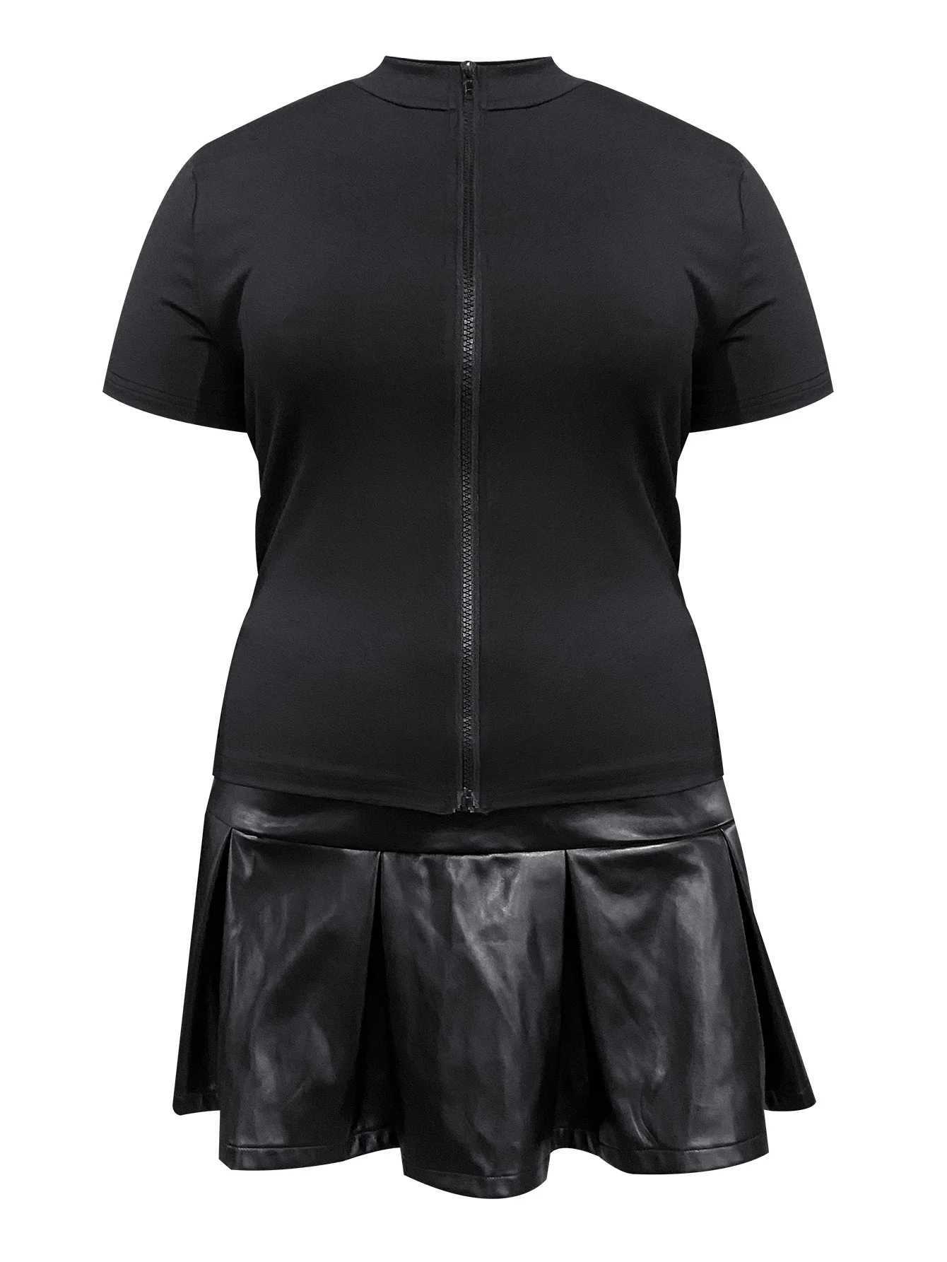 Tweedelige jurk XL-5XL LW Zipper Design Faux Leather Ploeged Rokset Women Sexy Slve Short T-shirt + Faux Lederen rok Set Matching Y240508