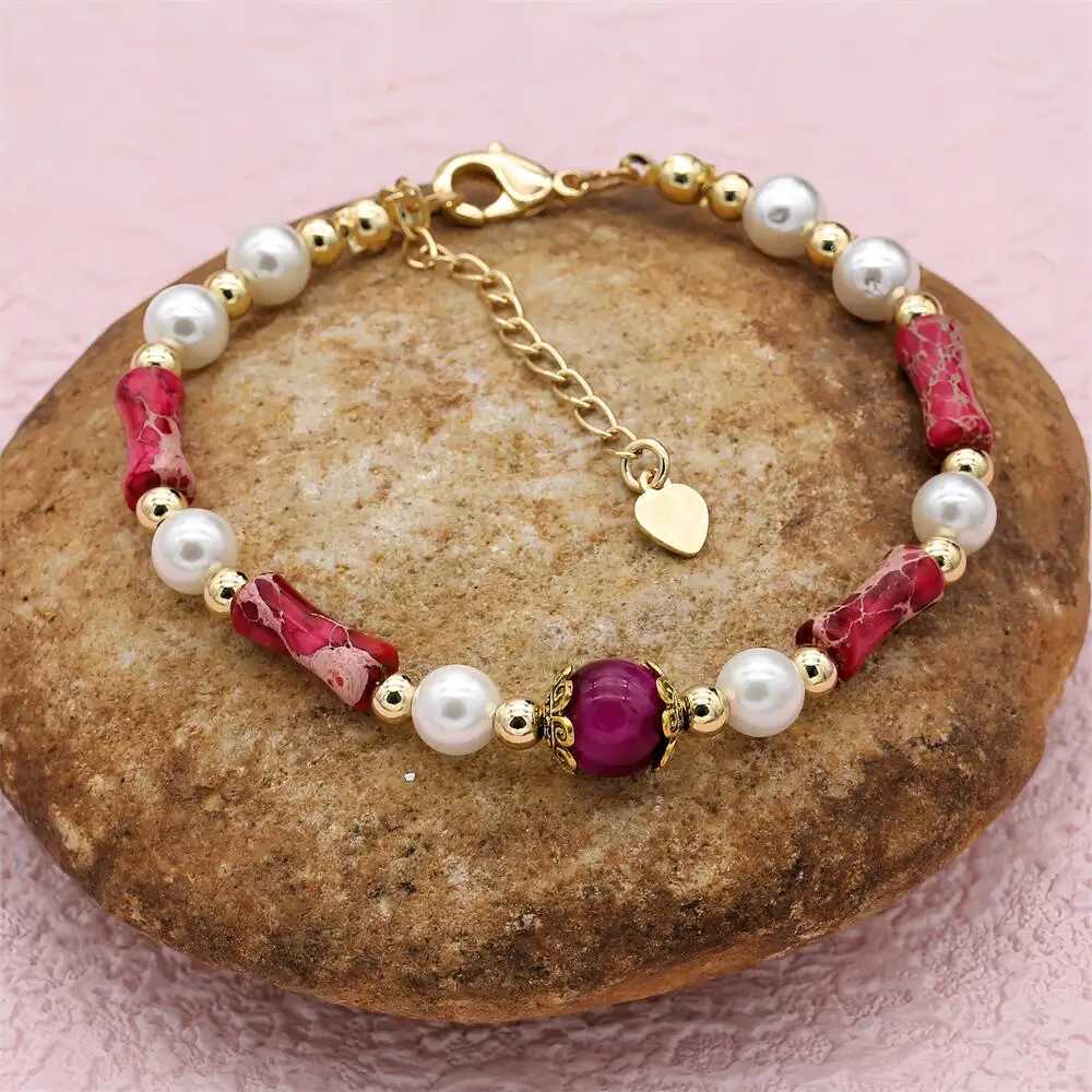 Bröllopsarmband Mixed Natural Stone Gold Plated Bamboo Joint Imperial Stone Pearls Strand Beaded Armband For Women smycken