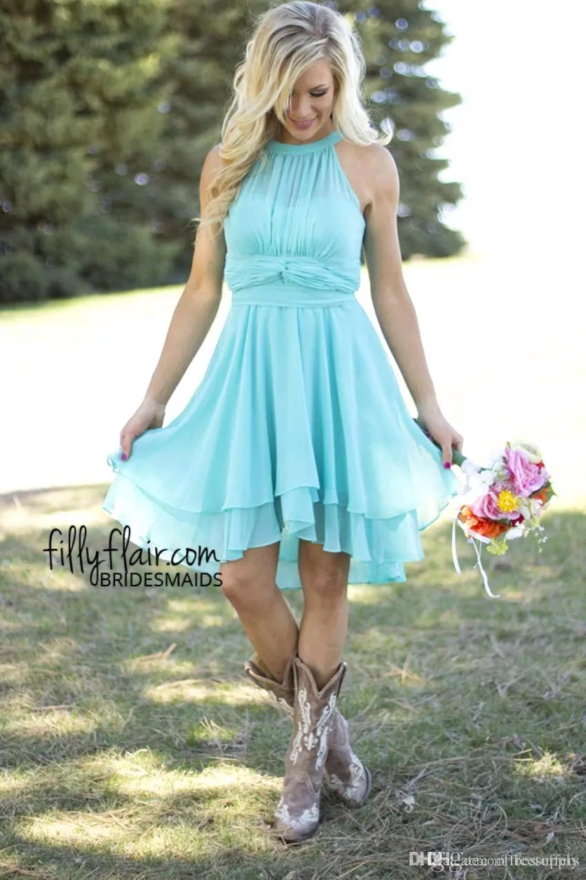 Country Short Bridesmaid Dresses Mint Halter Neck Chiffon High Low Ruched Summer Boho Backless Wedding Guest Party Maid Of Honor Dresses