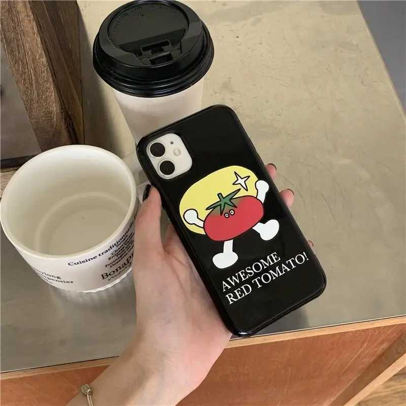 Case di telefonia cellulare cargo Cartoon Tomato Gloss Black Phone Custodia iPhone 11 12 14 Pro Max 13 Mini 7 8 Plus XS Max XR Coperchio della custodia ammortizzante adorabile J240509