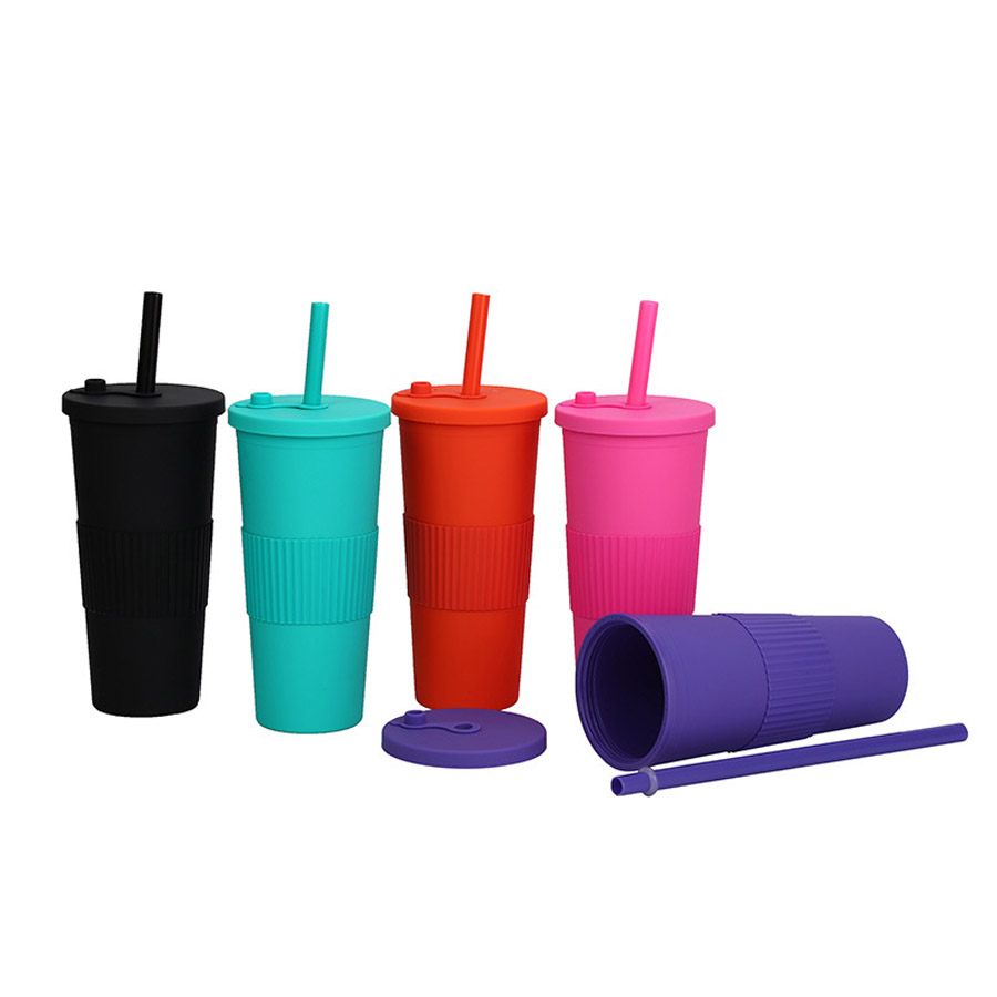 Vaso de beber en frío reutilizable de plástico de doble pared de 24 oz con tapa y pajitas de agua bebida taza de café botella de agua