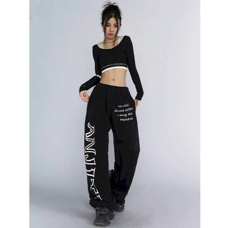 Pantalon féminin Capris Hip Hop Pantalon Femme Pantalon Loose High Strtwear Femmes Harajuku Fashion coréenne Y2K Vintage Elastic Full Longueur Tableau Y240509