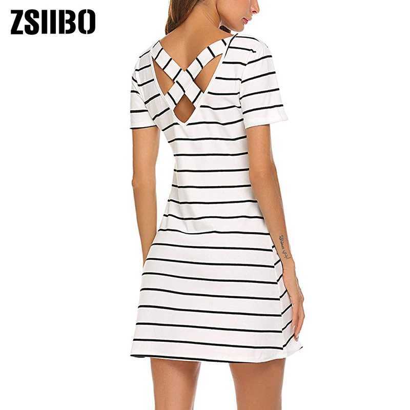 Basic casual jurken Tweede stuk jurk Zsiibo 2019 Fashion dames slijtage dames casual strepen chris cross korte mouwen t-shirt mini-jurkl2405