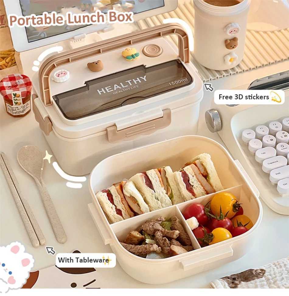 Boîtes à lunch Sacs Boîte à lunch portable mignonne avec compartiment pour filles écoliers enfants Plastique Picnic Bento Box Micro-ondes CONTERNIERS DE Rangement d'aliments