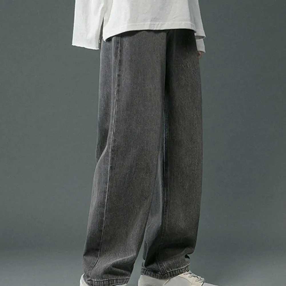 Men's Jeans Mens straight leg jeans mens hip-hop style wide with pockets casual spring and autumn loose fitting Q240509