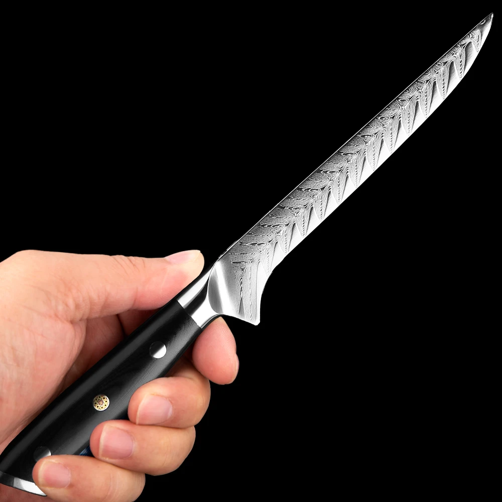 Boning Knife Fillet Knife Damascus Japanese Pro Steel Sharp Curved Flexible Blade Kitchen Cleaver for Fish Poultry Chicken Meat