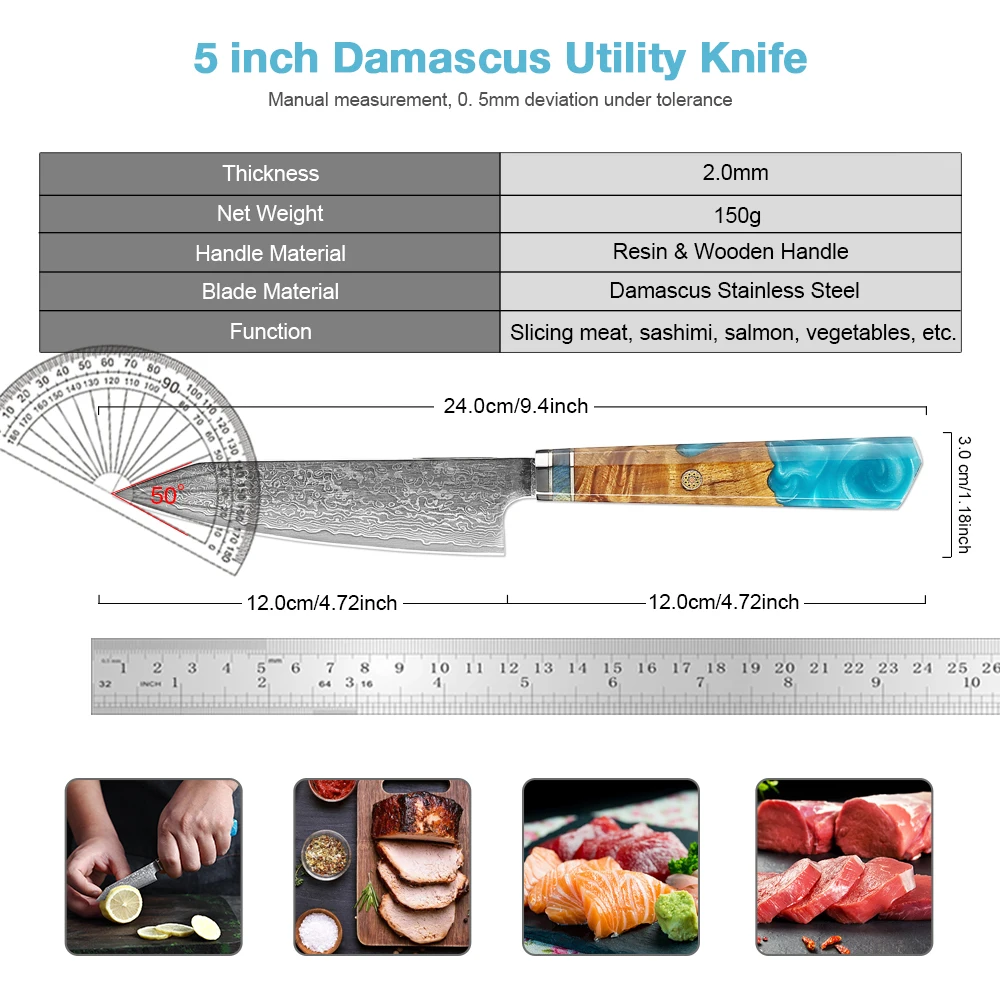 Japanisches Damaskus Utility Messer 5 Zoll, VG-10 Schneidkern 67-Schicht Damaskus Steel, Ultra scharfe Küche Kleinmesser Schuhmesser