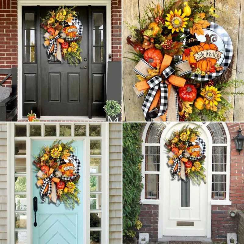 Decoratieve bloemen kransen herfst voordeur krans zonnebloem krans krans kerstmis thanksgiving home decor slinger decoratie pompoen krans slinger