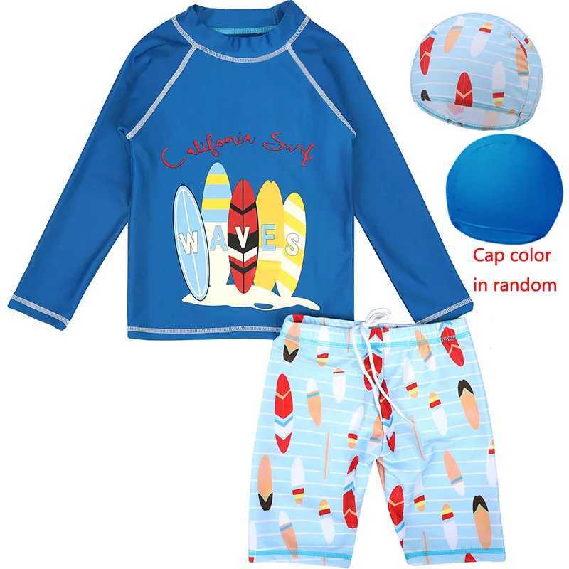 Meninos de duas peças, garotos de duas peças, protetor solar de manga longa velha, seco rápido, traje de banho de seco infantil cartoon de cartoon de praia de praia H240508