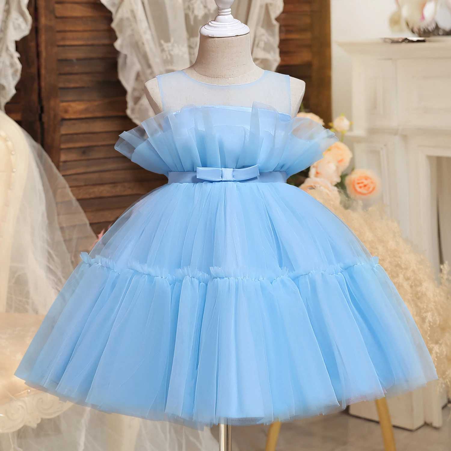 Girl's Dresses Baby Girl Summer Dress Toddler Girl Blue Bow Birthday Evening Party Tutu Gown Kids Formal Pageant Gala Cloth Infant Casual Wear