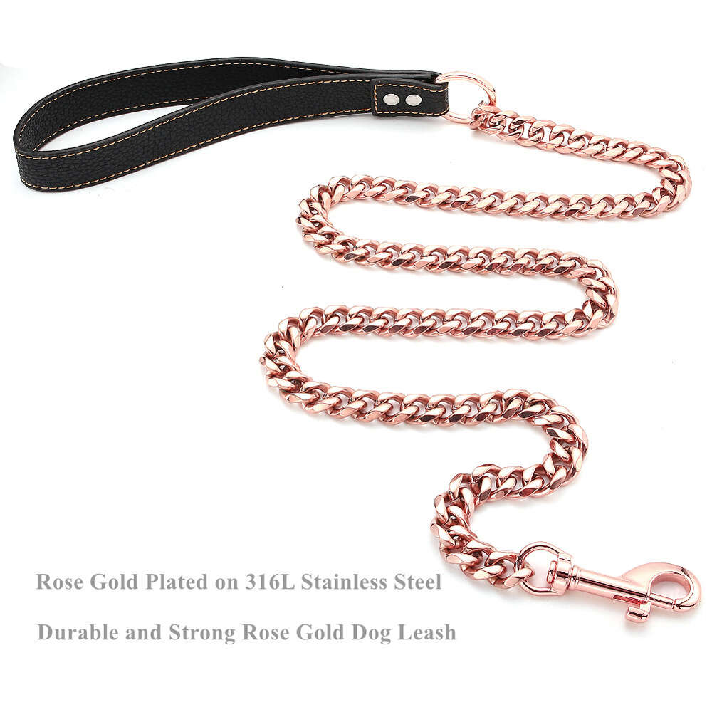 11mm/15mm Rose Gold Tone Stainless Steel Cuban Link Chain Dog Leash with Leather Handle Dog Chain Leash 3FT/4FT/5FT