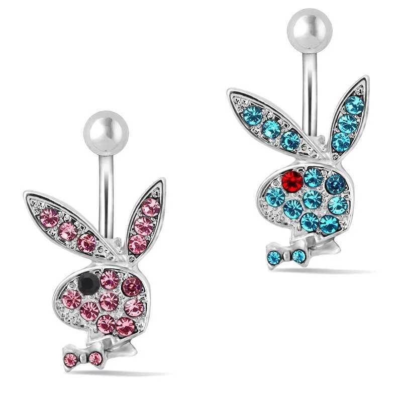 Anéis de umbigo Belly Butrind Rings Bunny Navel Anéis de coelho anéis de barriga para mulheres Gem pedra rosa coelho azul de piercing de barriga Rin D240509